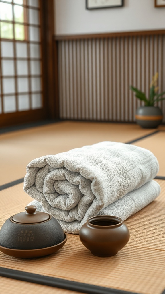 A traditional Japanese towel rolled neatly beside tea accessories in a serene setting.