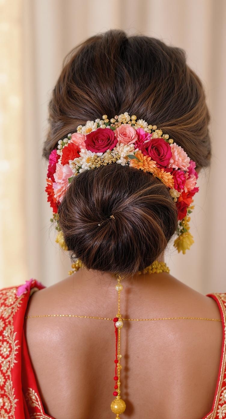 Traditional low bun hairstyle adorned with colorful flowers, showcasing elegance and cultural significance.