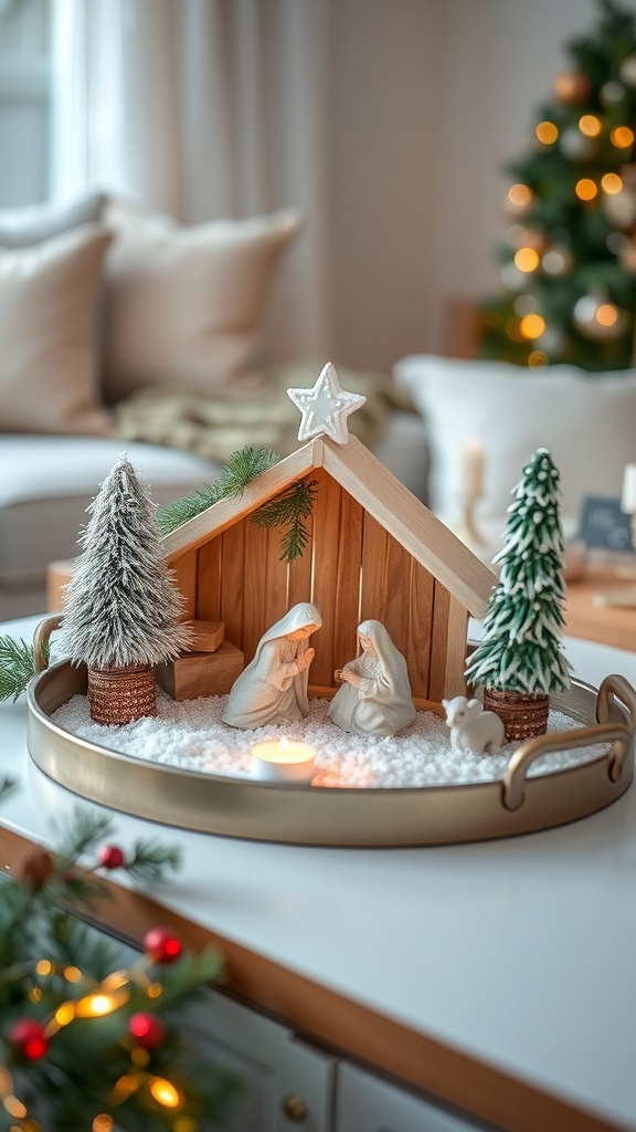 A traditional nativity scene displayed on a tray with a wooden stable, figurines of Mary and Joseph, small trees, and a candle.