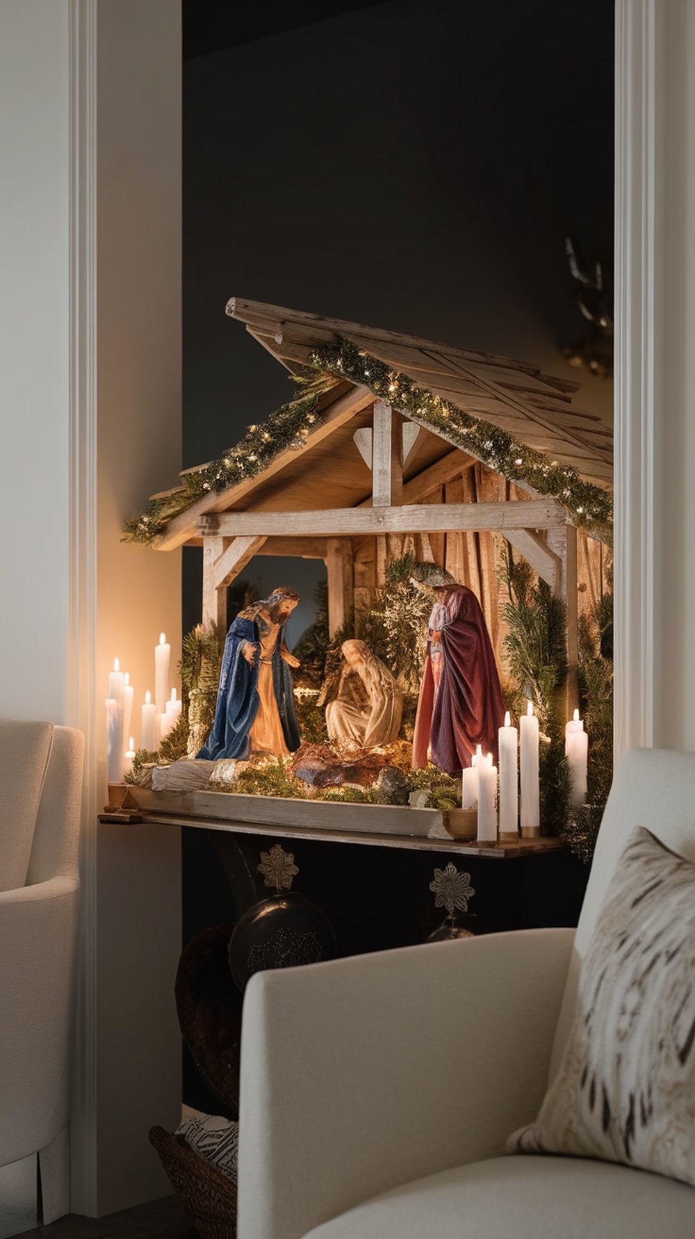 A traditional nativity scene displayed in a cozy setting with candles and greenery.