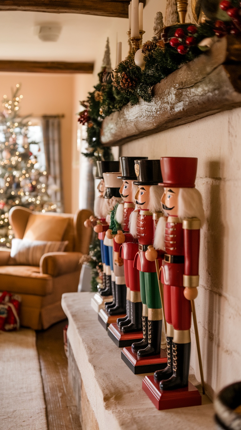 A row of colorful nutcracker figures displayed on a rustic mantel with a Christmas tree in the background.