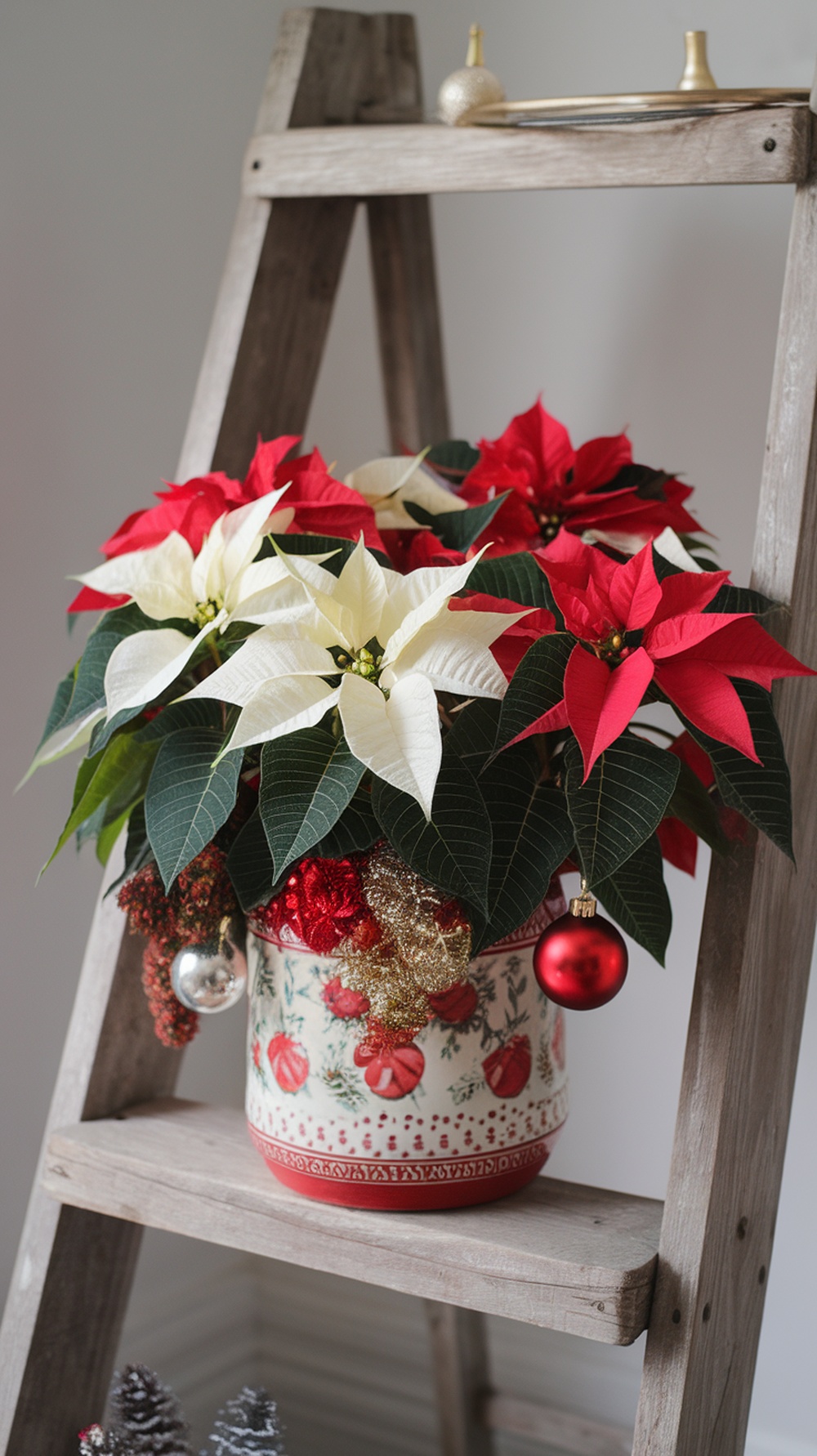A festive arrangement of red and white poinsettias in a decorative pot on a rustic ladder.