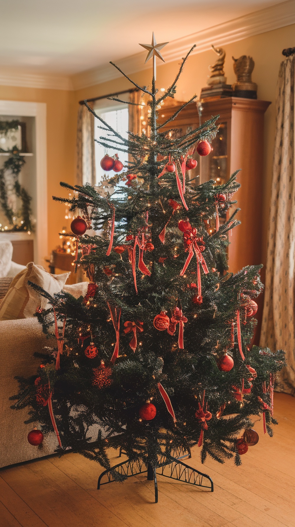A black Christmas tree decorated with red ornaments and ribbons, topped with a star.