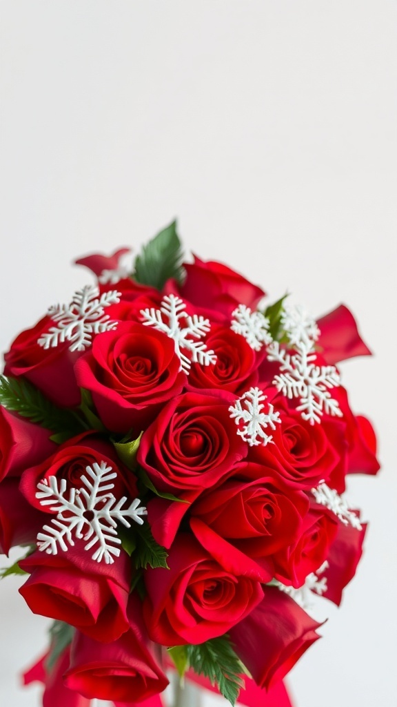 A bouquet of red roses with white snowflakes