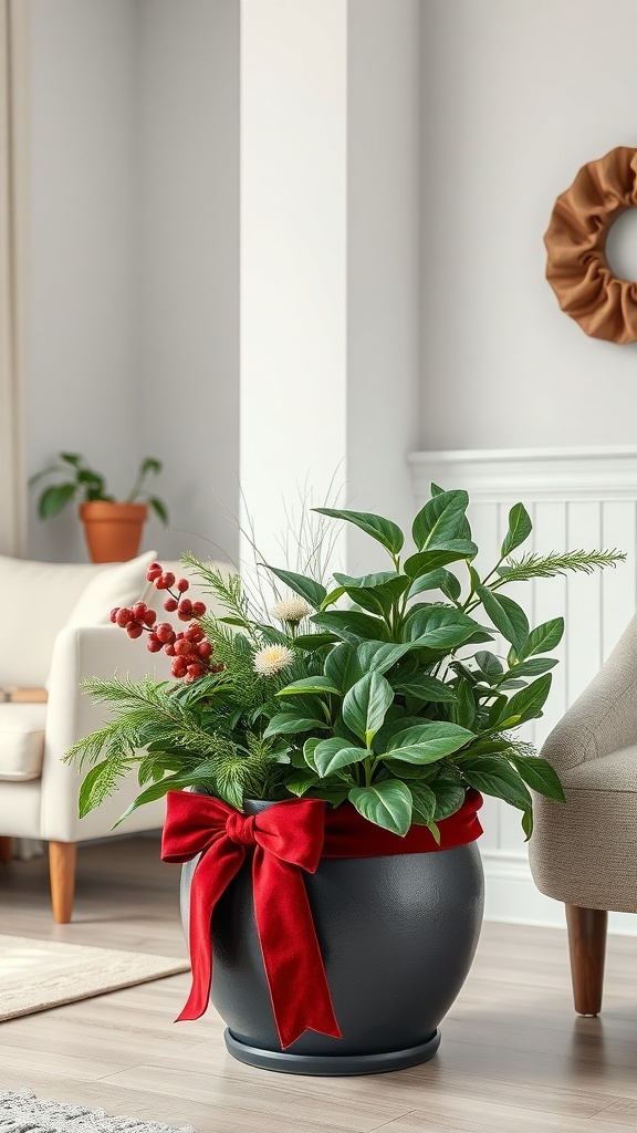 A front door planter with a traditional red velvet bow, featuring greenery and berries in a black pot.