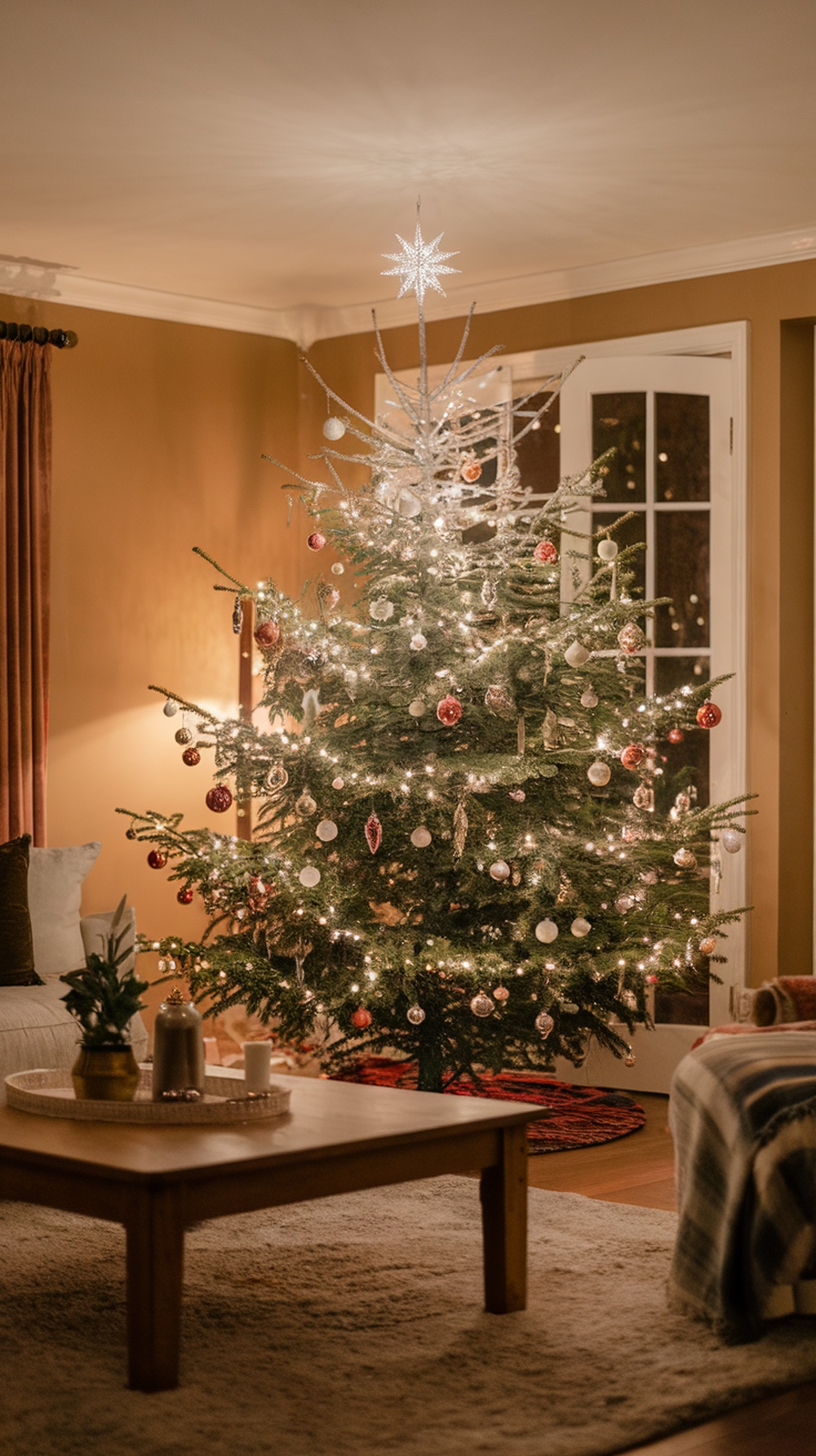 A beautifully decorated Christmas tree with a shining star topper, surrounded by ornaments and lights.