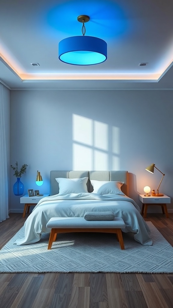 A serene blue and white bedroom featuring calming lighting fixtures.