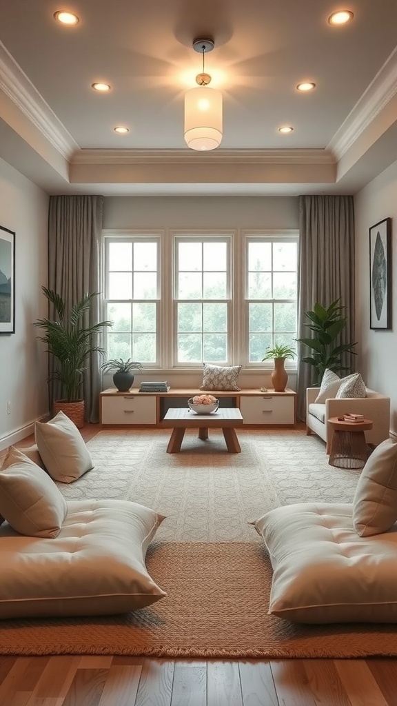 A tranquil meditation room featuring large windows, soft seating, and a calm color palette.