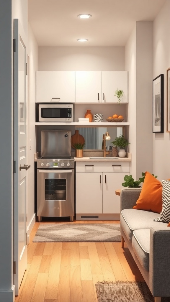 A compact mini kitchen transformed from a closet, featuring a stove, microwave, and storage cabinets.