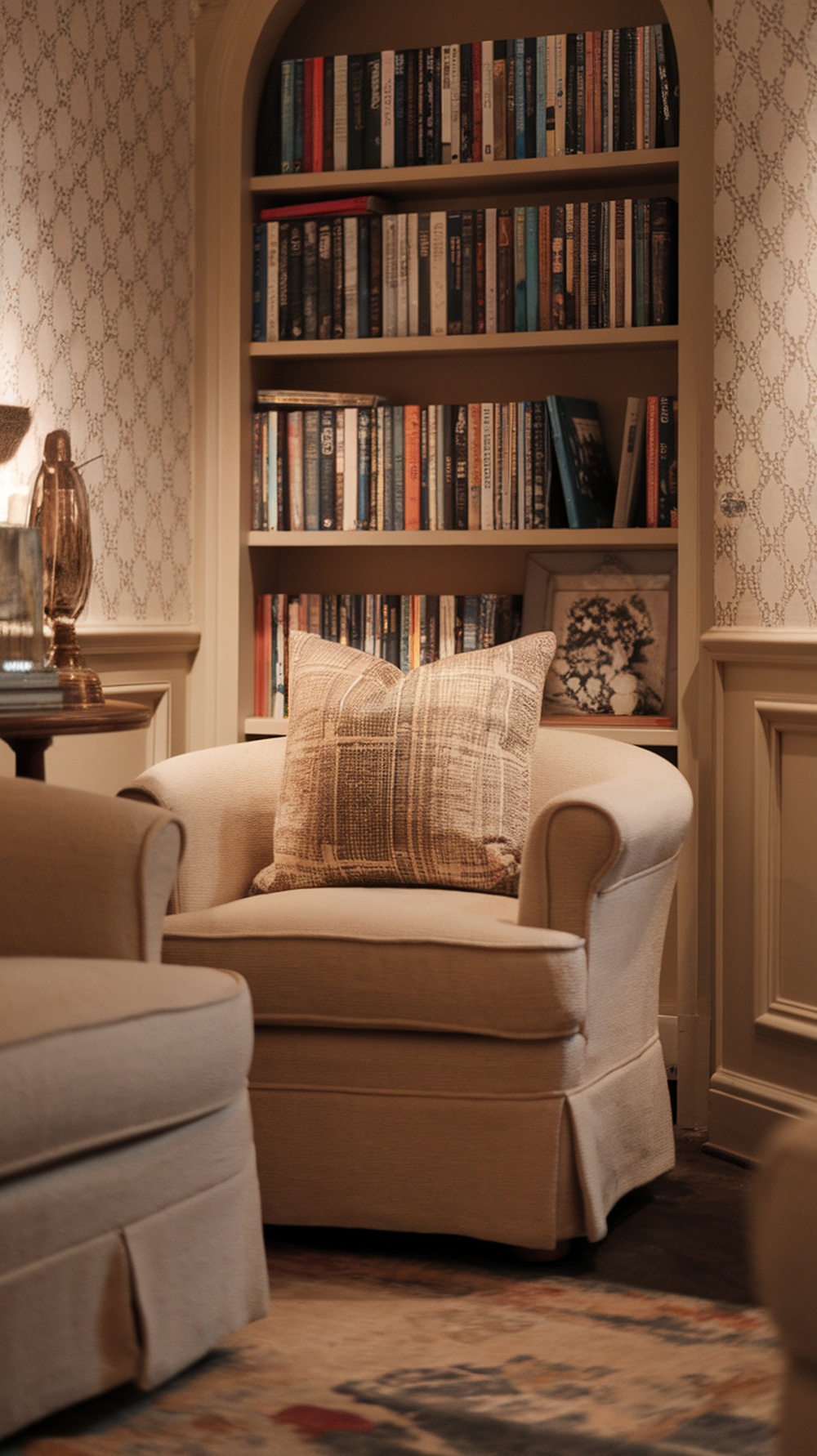 Cozy reading nook with a chair and organized bookshelf in a corner