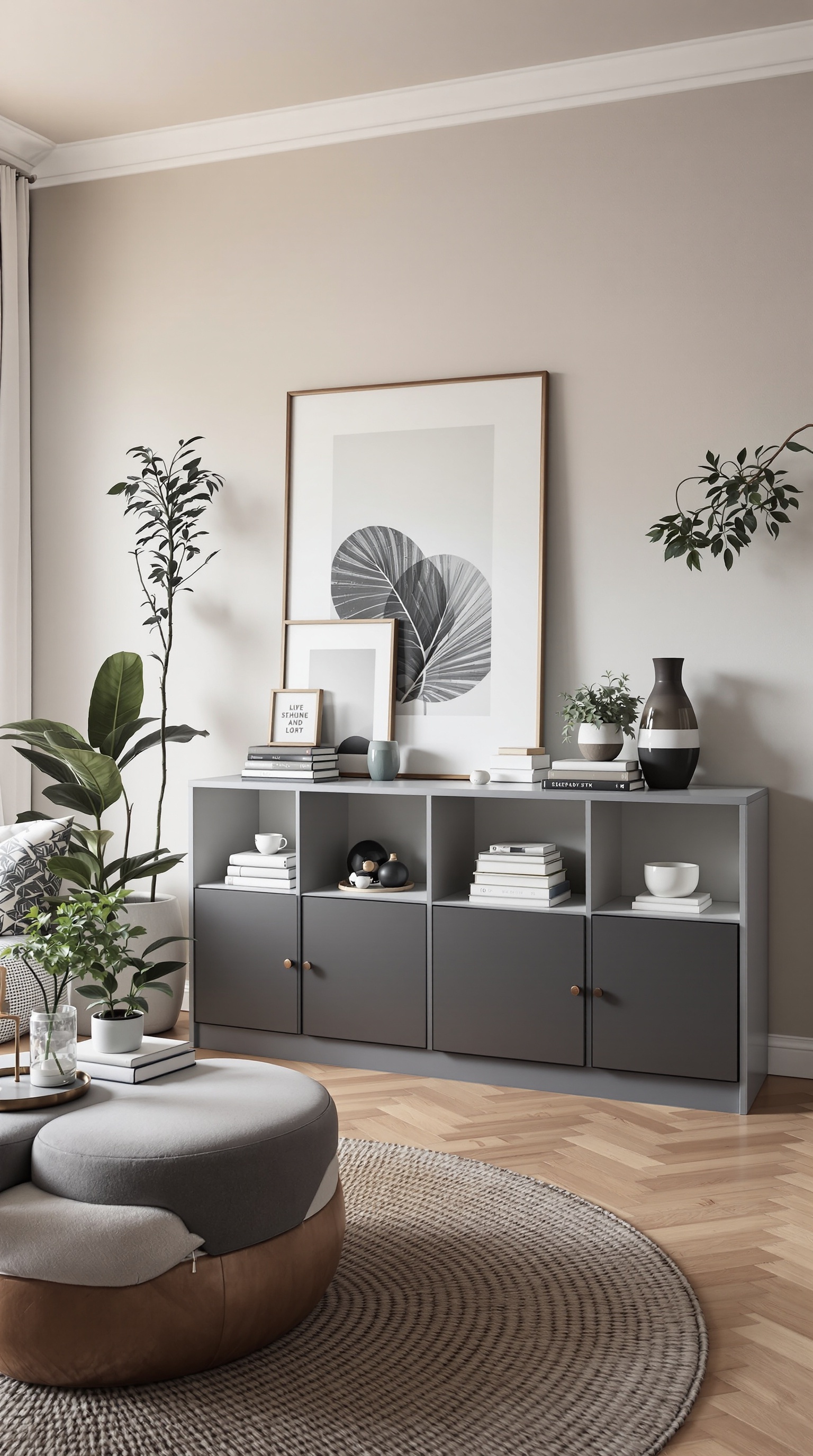 A modern living room featuring a Kallax shelf unit with plants and decorative items.