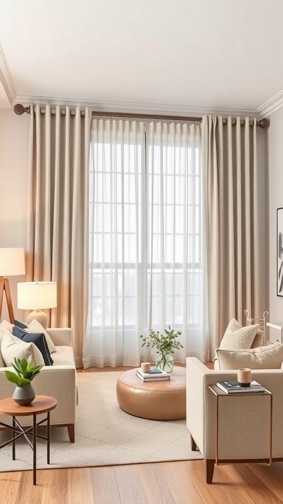 A cozy living room with double curtain rods featuring sheer and thick curtains, modern furniture, and warm wood floors.