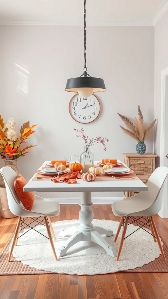 A small dining table decorated for autumn with pumpkins and orange accents.