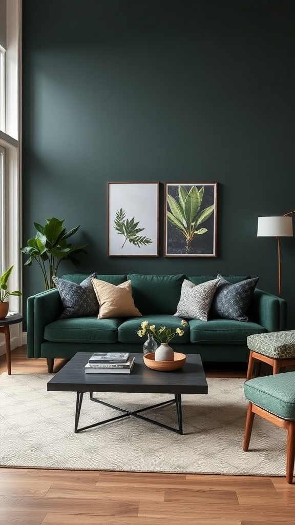 A cozy living room featuring a dark green couch, botanical prints on the wall, and a stylish coffee table.