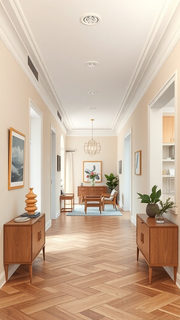 A bright hallway with matching ceiling and wall colors, featuring wooden flooring and decorative plants.