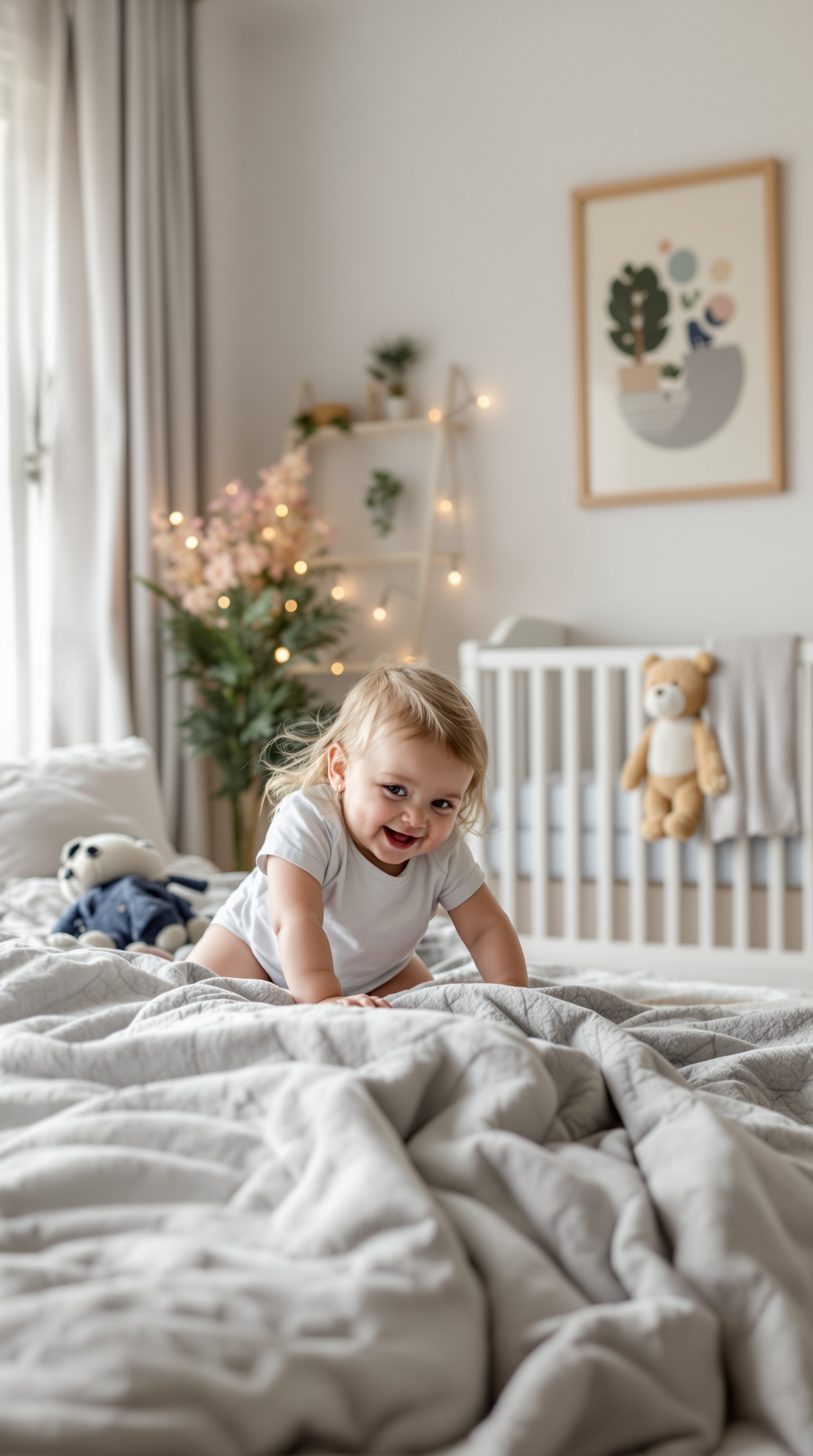 A happy toddler crawling on a bed with soft blankets, surrounded by toys, in a cozy room.