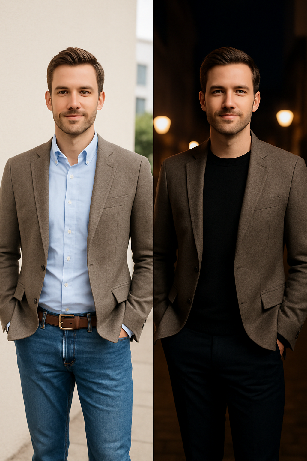 A man wearing a business casual blazer, showcasing two styles: one with a light sweater for day and another with a dark shirt for night.