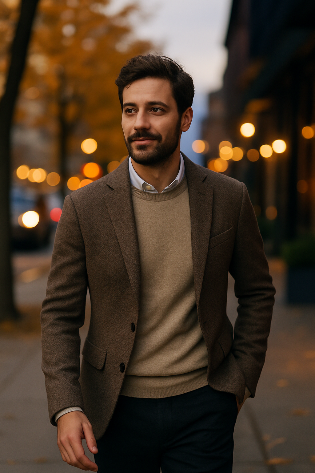 A man wearing a brown tweed blazer and sweater walking on a city street during fall.