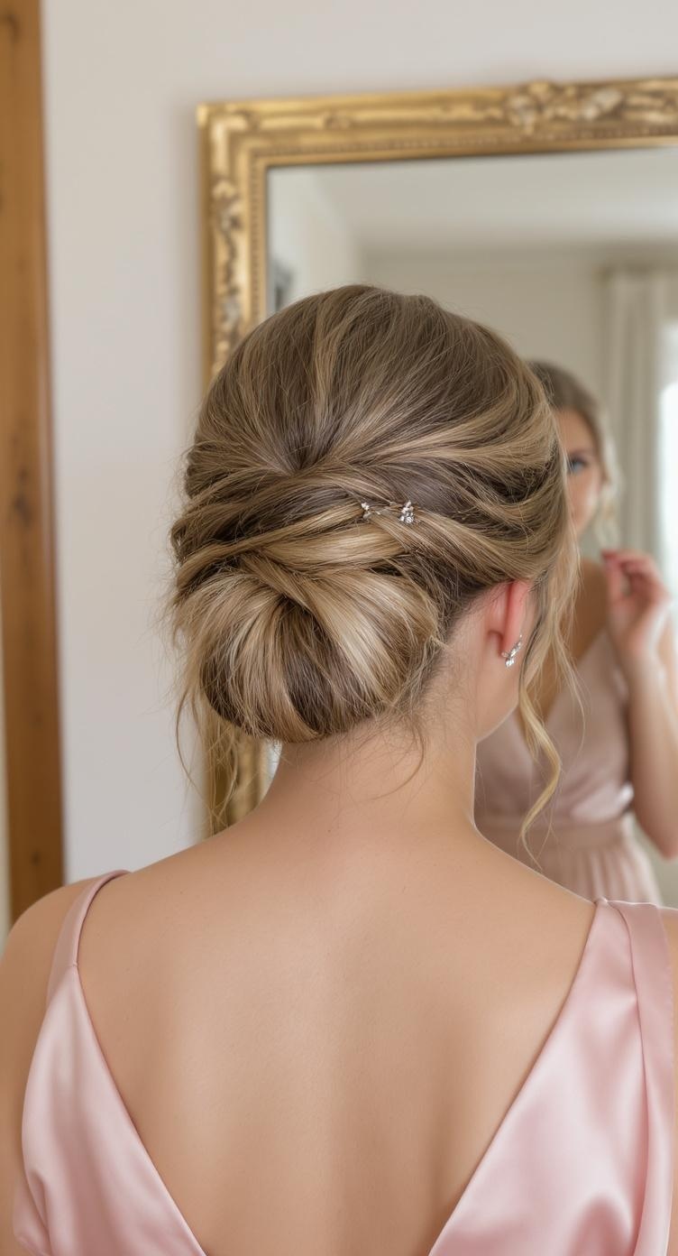 A bridesmaid with a messy bun hairstyle, looking in the mirror, preparing for an evening event.