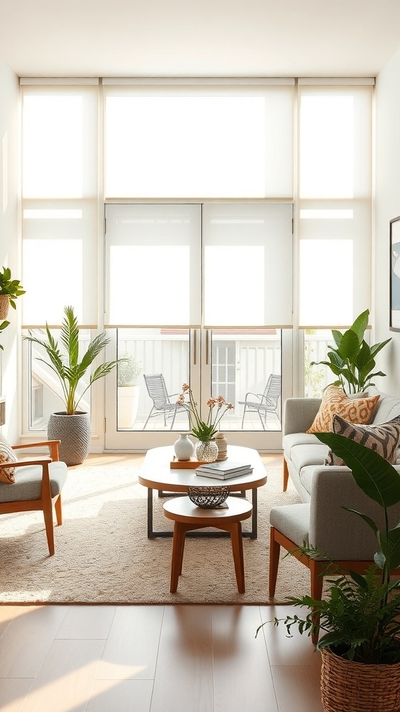 Living room with translucent roller shades covering sliding glass doors, showcasing a bright and airy atmosphere.