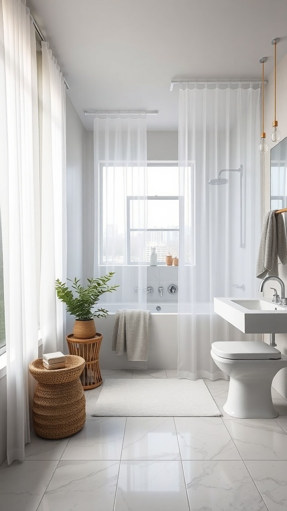 A modern bathroom featuring translucent shower curtains, a bathtub, and a stylish decor.