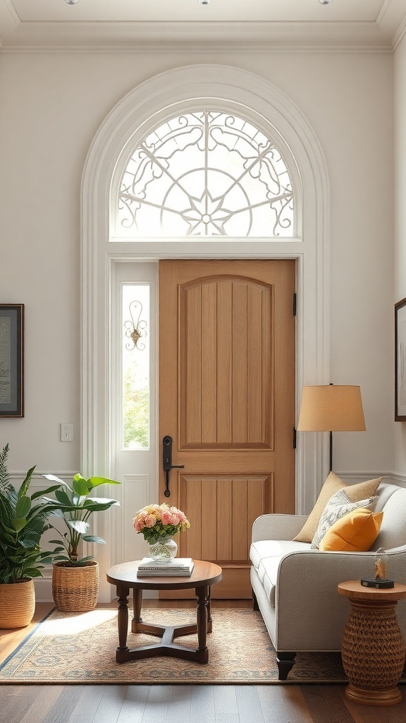 A wooden door with a decorative transom window above it, surrounded by light walls and a cozy interior.