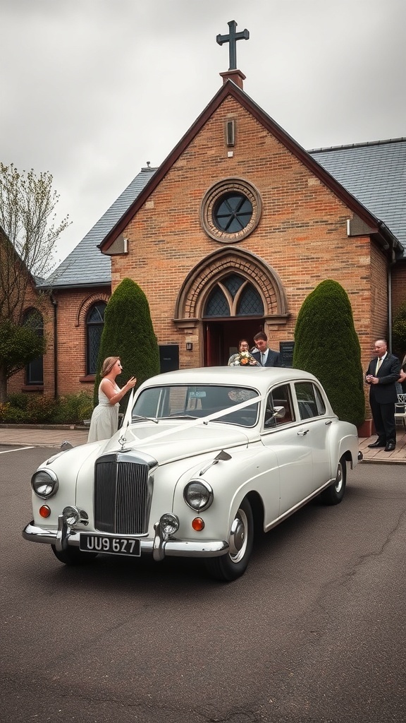 A classic white wedding car parked outside a church with a bride and groom