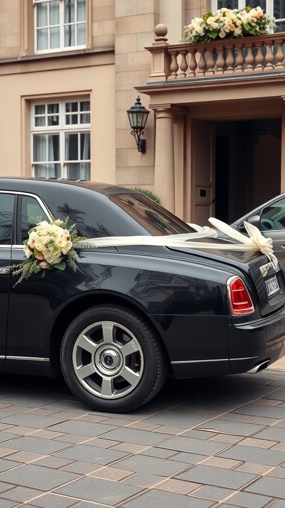 A luxurious wedding car decorated with flowers parked outside a building.