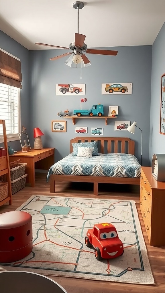 A boys' bedroom designed with a transportation theme, featuring car decorations, a map rug, and wooden furniture.