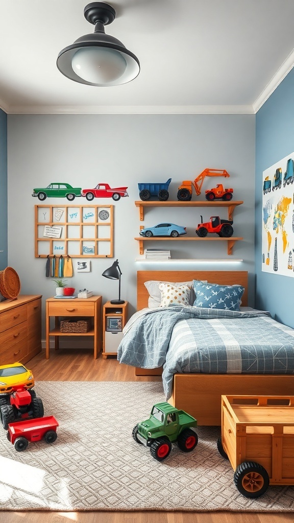A boy's bedroom with a transportation theme featuring toy vehicles on shelves and floor.