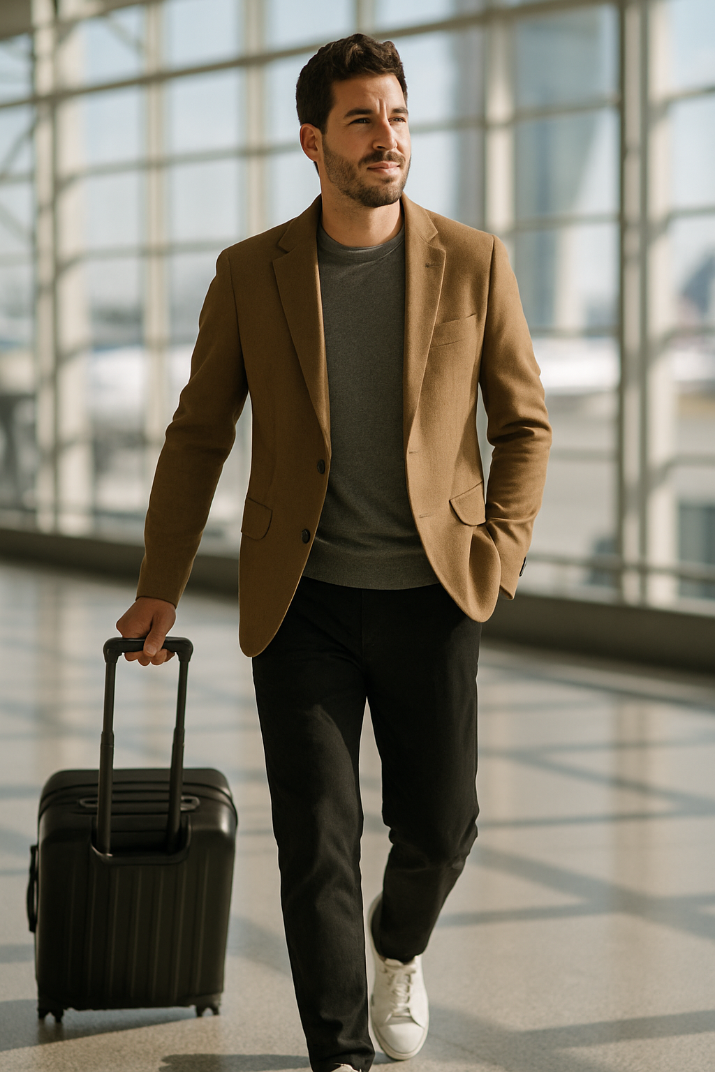 A man in a blazer and sneakers walking through an airport with a suitcase.