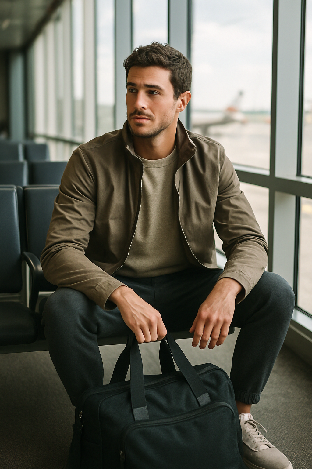A man in an airport wearing joggers, a light top, and a jacket, sitting with a black duffel bag.