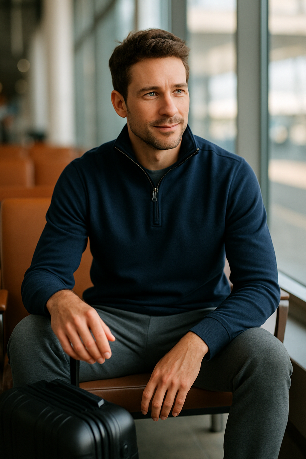 A man sitting in an airport lounge wearing a navy quarter zip sweater and gray pants, with a black carry-on suitcase beside him.