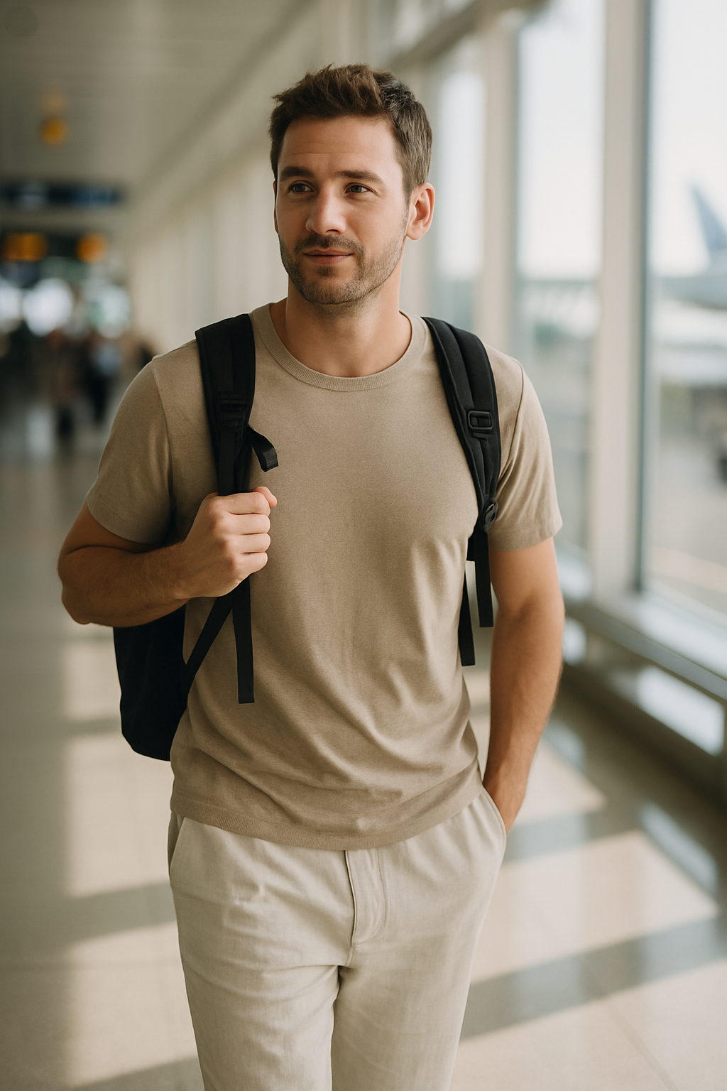 Casual man in linen pants and t-shirt at airport