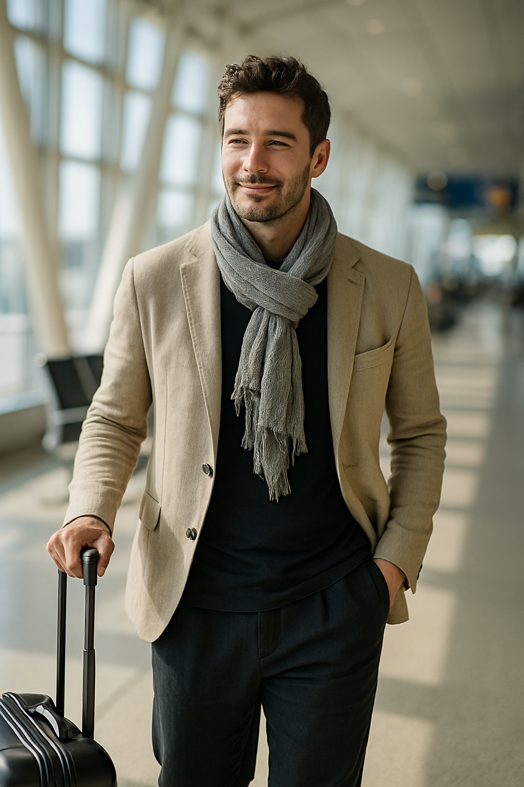 A stylish man in a travel-friendly outfit consisting of black linen pants, a black shirt, and a light blazer, wearing a lightweight gray scarf and dragging a suitcase.