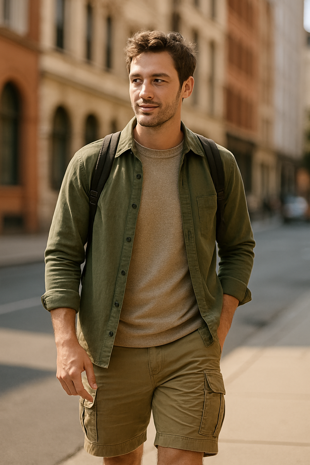 A man walking in a city wearing a green shirt and shorts, with a backpack.
