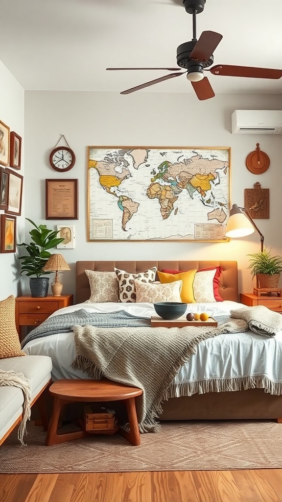 A cozy boho teen bedroom with a world map on the wall, warm bedding, and plants.
