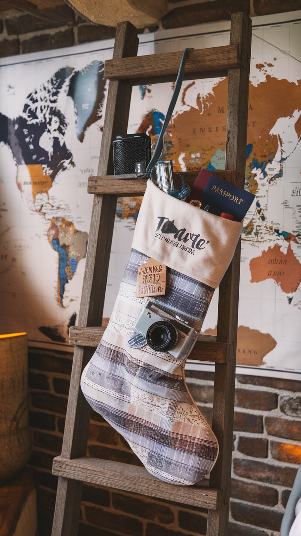 A travel-themed Christmas stocking filled with a camera, passport, and travel essentials, hanging on a wooden ladder with a world map in the background.