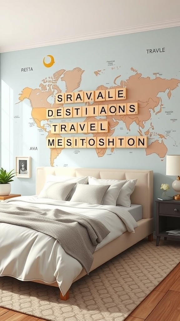 Scrabble-style wall art featuring travel destinations on a world map