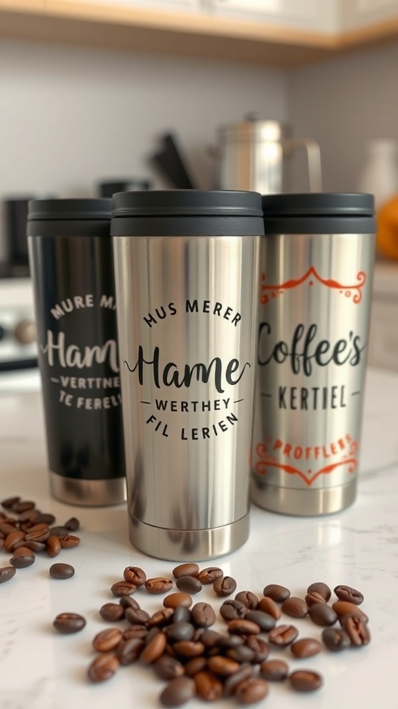 Personalized travel mugs displayed on a kitchen counter with coffee beans scattered around.