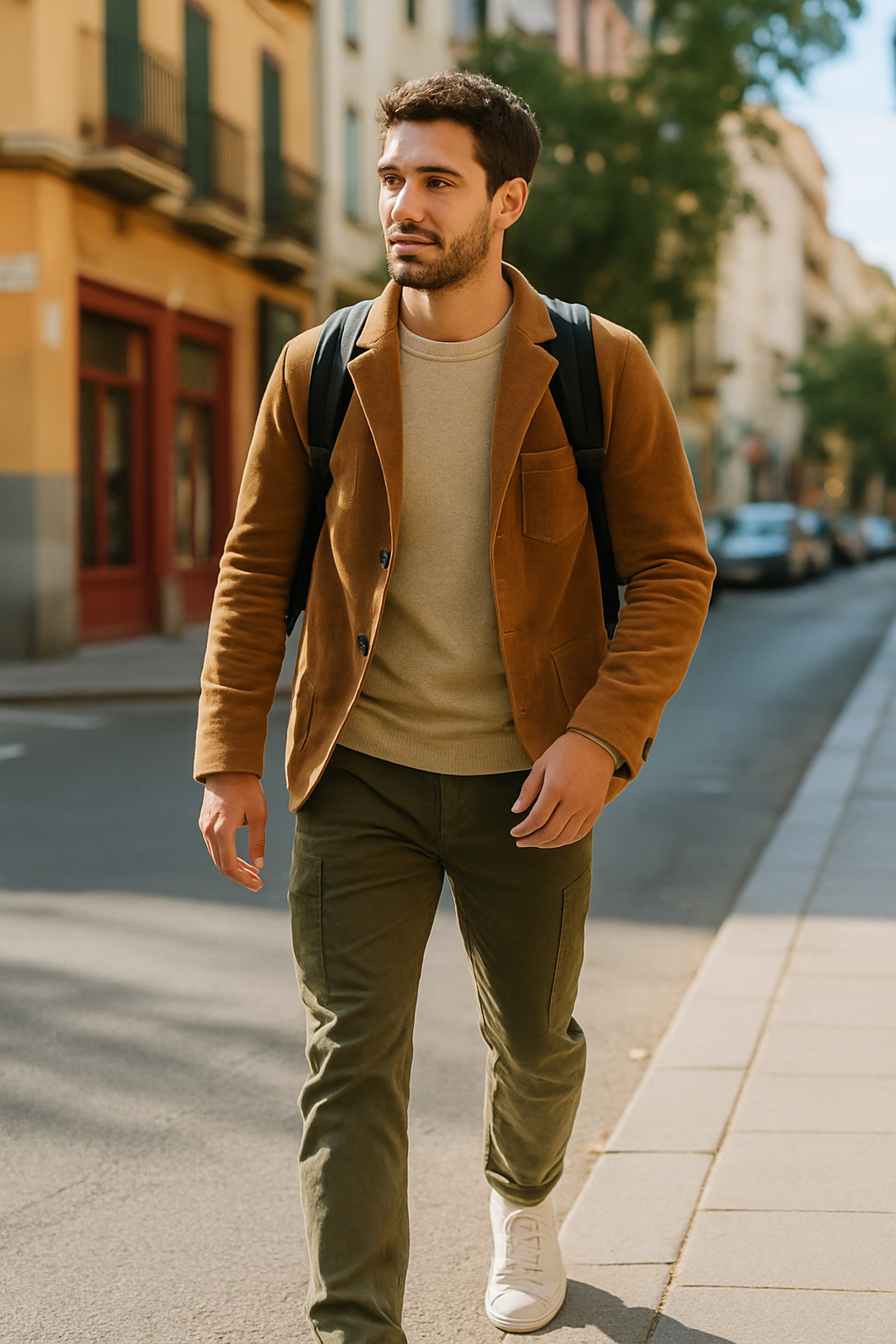 A man walking in a stylish travel outfit featuring a brown jacket, beige sweater, olive green pants, and white shoes.