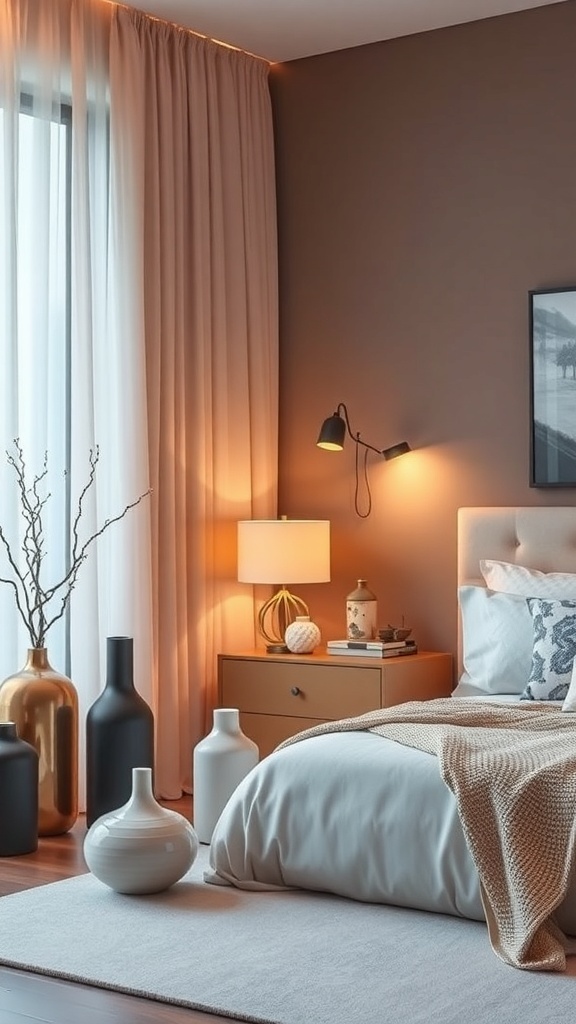 A luxury teen bedroom with warm colors, stylish decor, and modern lighting.