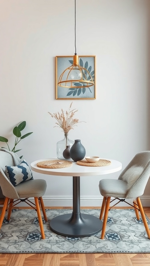 A small dining table with stylish chairs, decorative vases, and a pendant light, creating a cozy dining space.