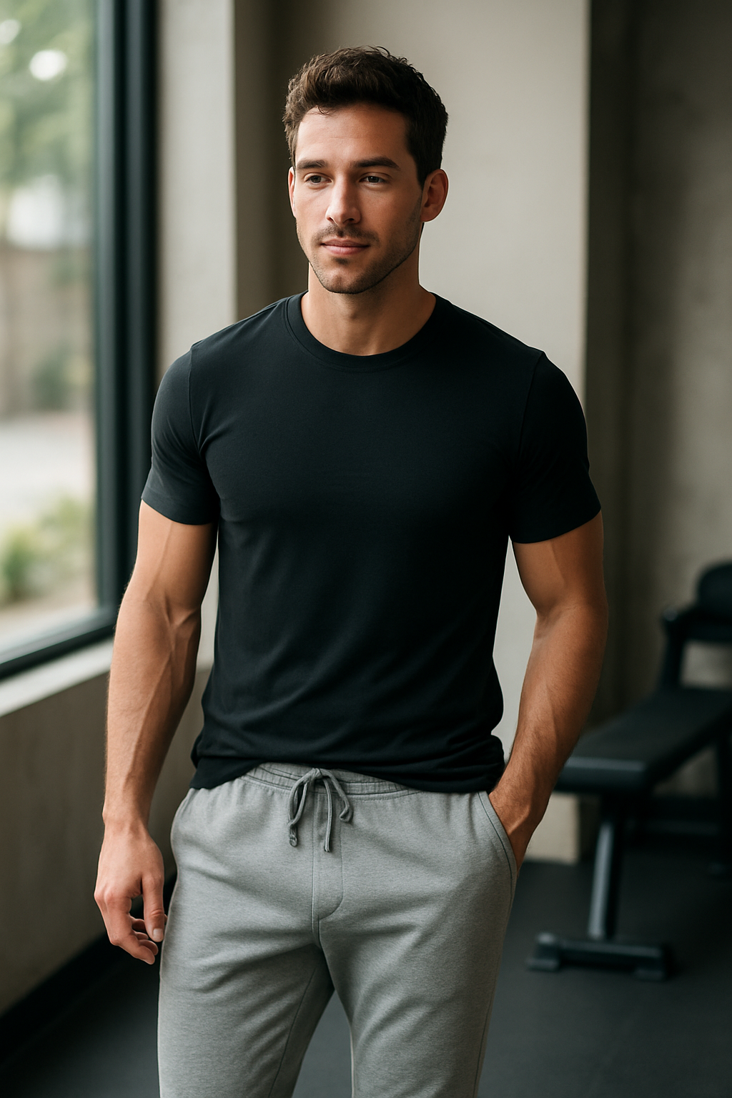 A man wearing a fitted black t-shirt and gray sweatpants in a modern setting.