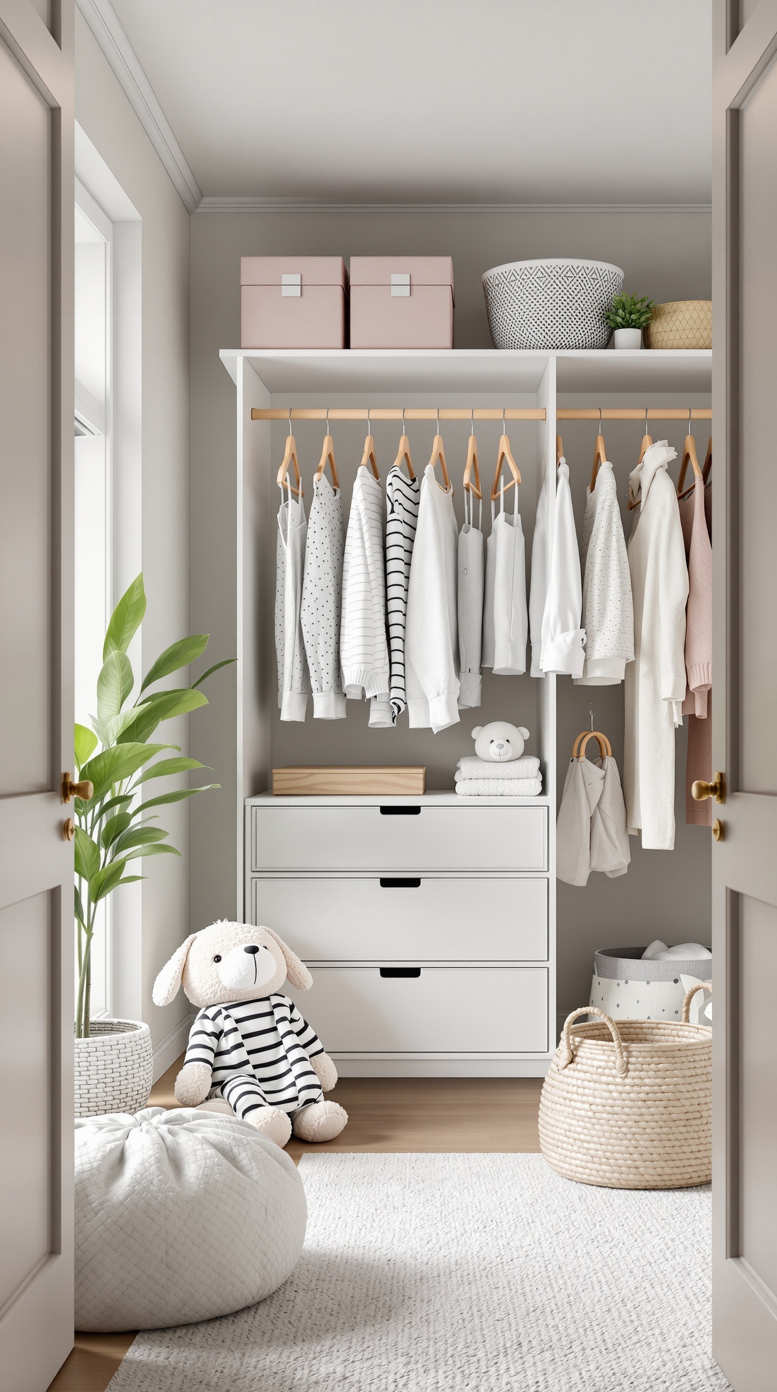 A trendy baby closet with hanging clothes, storage boxes, and a plush toy.