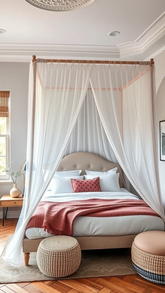 A stylish canopy bed with sheer drapes, warm throw, and decorative pillows in a cozy bedroom setting.