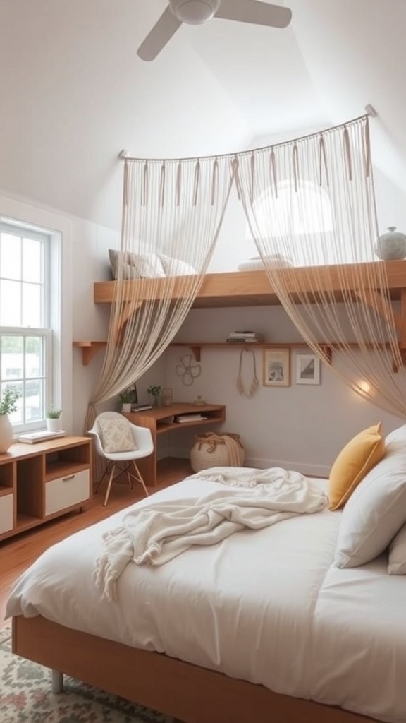 A cozy loft bedroom featuring a string curtain above the bed, creating a private and inviting atmosphere.