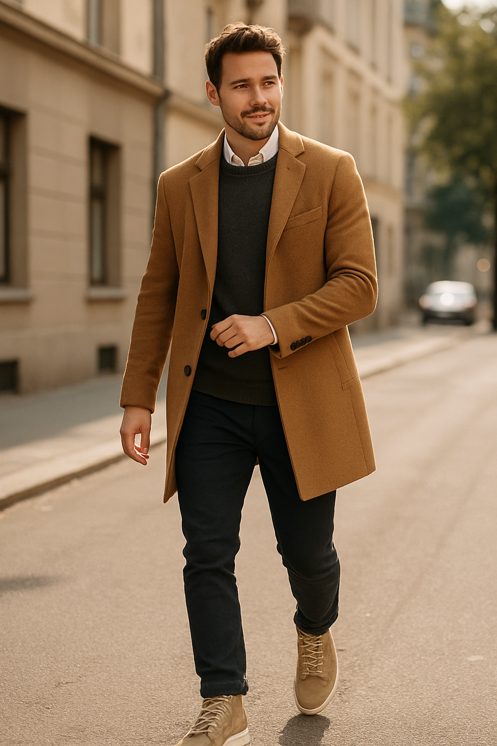 A man walking in a stylish outfit featuring high-top sneakers, showcasing urban fashion.