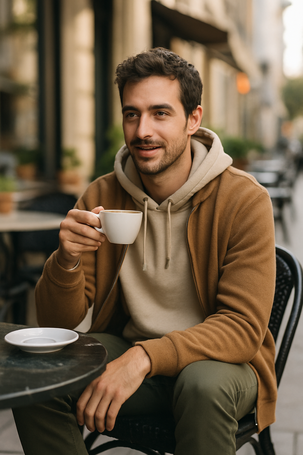 A man sitting at a cafe table wearing a trendy hoodie and casual pants, holding a cup of coffee.