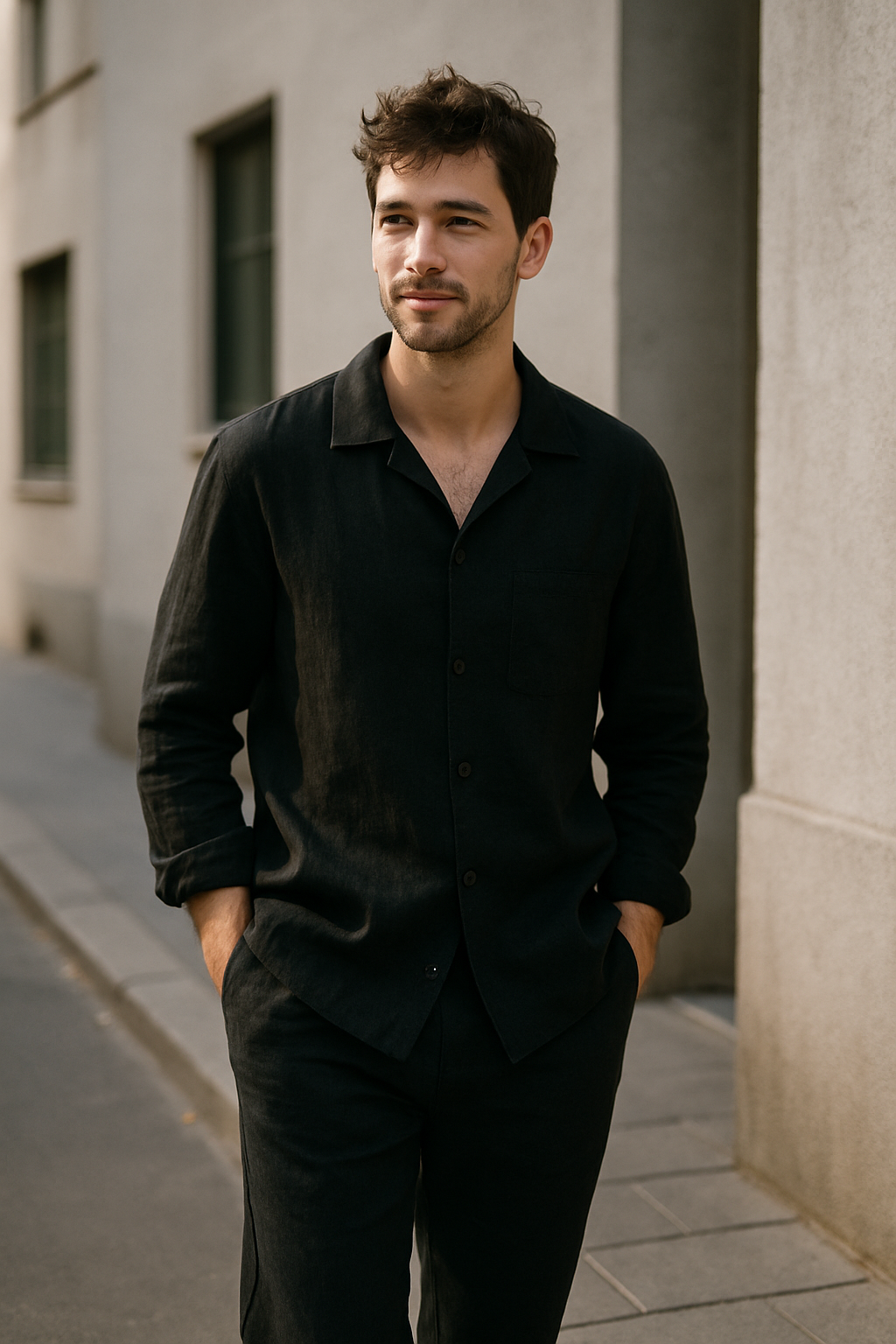 A man wearing a black linen outfit, standing casually with hands in pockets.
